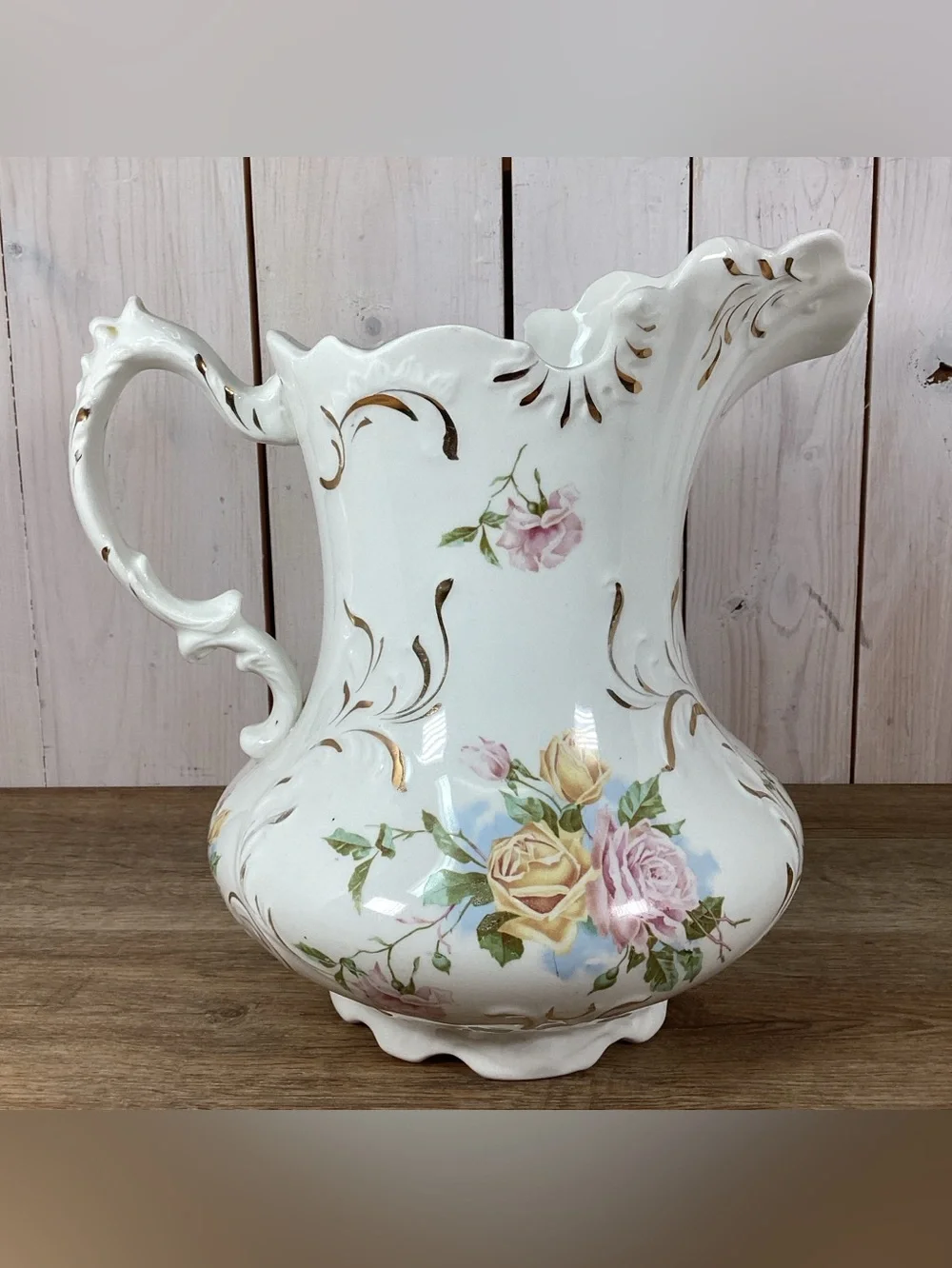 Antique WC Co Semi Porcelain 11” Pitcher Pink & Yellow Roses Gold Leafing Emboss